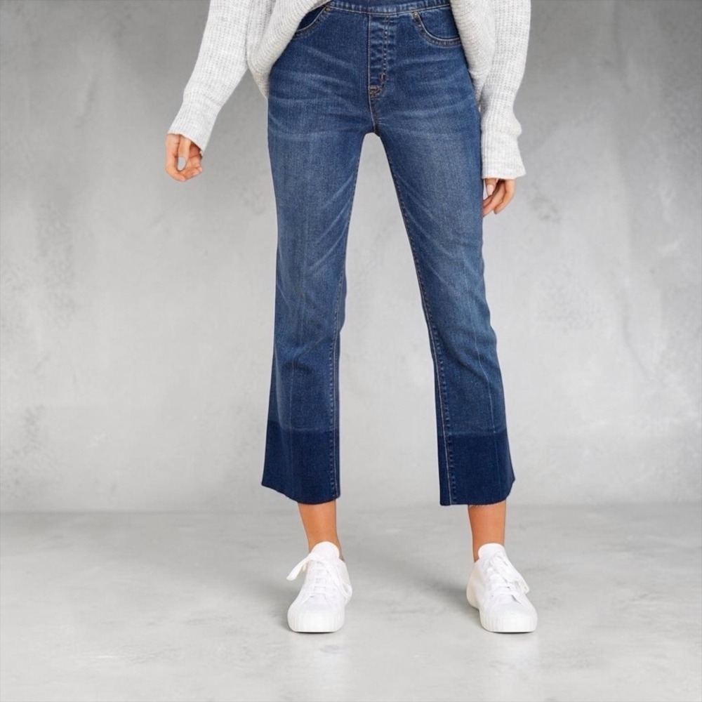 Spanx Crop Flare Dip Dye Denim Jeans Raw Hem Pull On Slimming  Size Large Pants